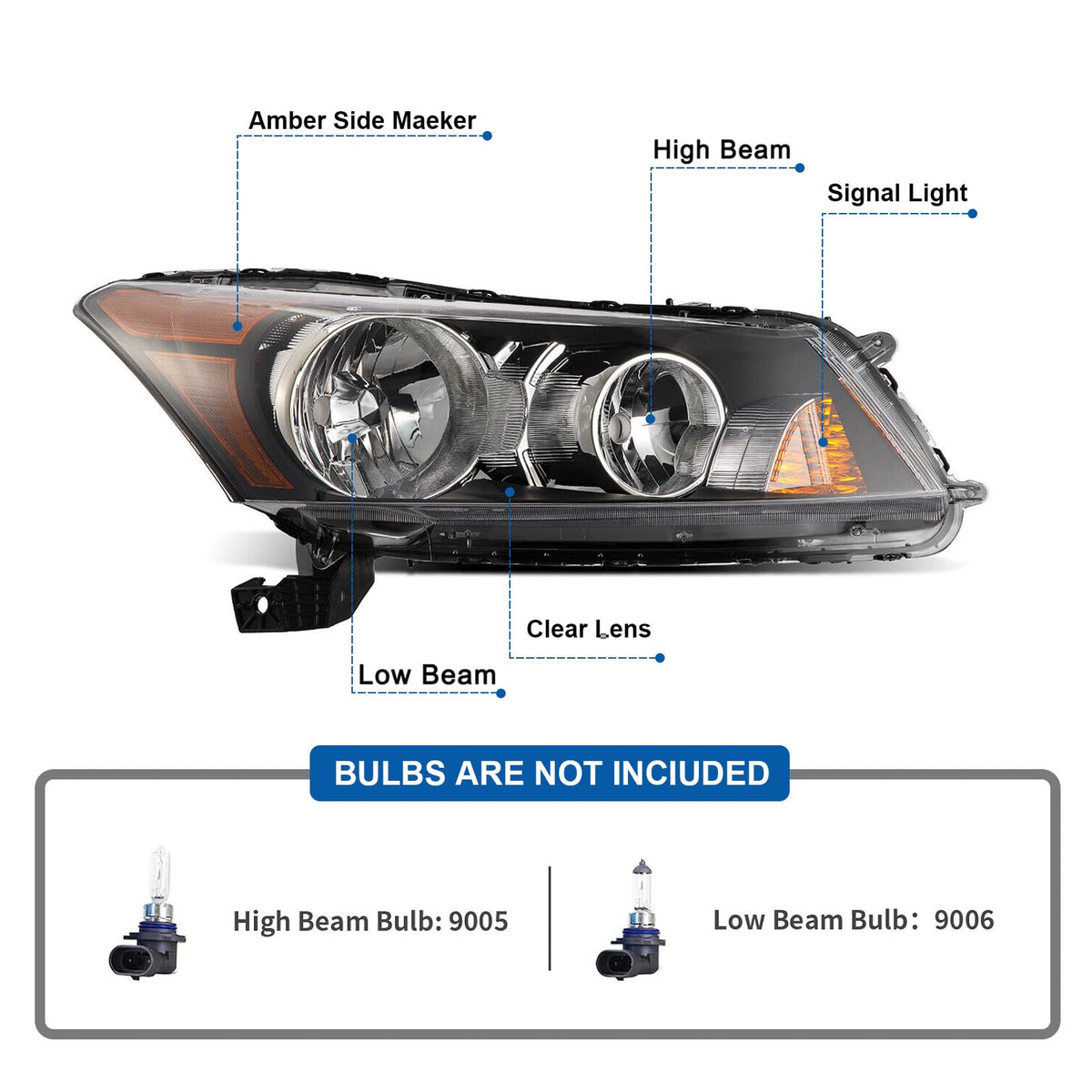 Black Halogen Headlights Assembly w/o Bulbs for 2008-2012 Honda Accord Sedan