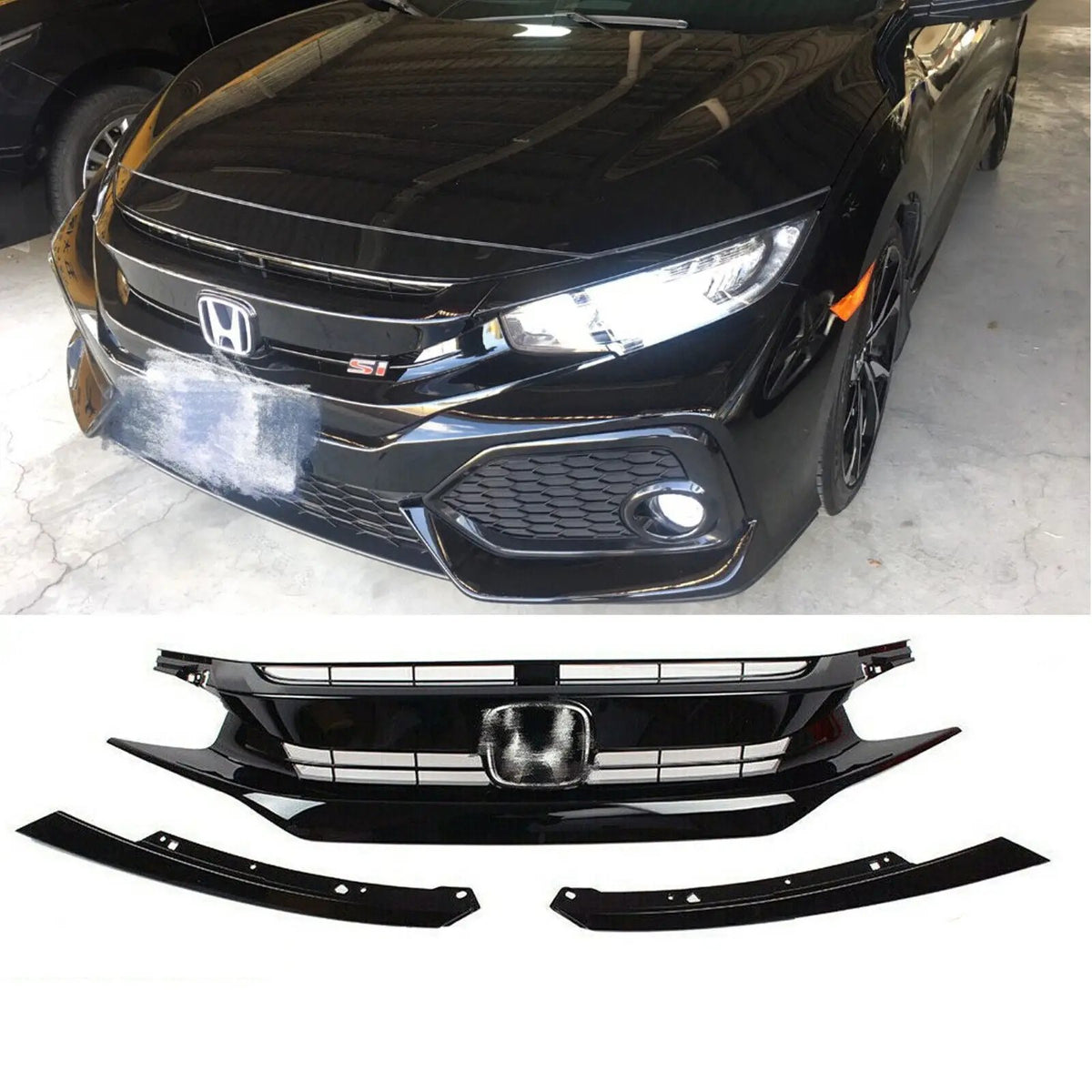 Gloss Black Front Bumper Grill Grille w/Chrome Emblem for 16-18 Honda Civic