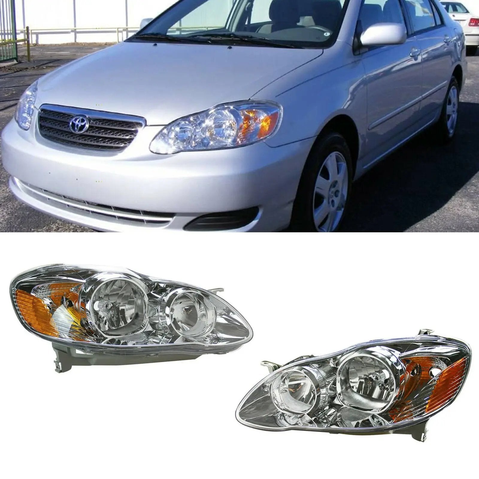 Headlights Assembly Headlamps Chrome Housing for 2003-2008 Toyota Corolla