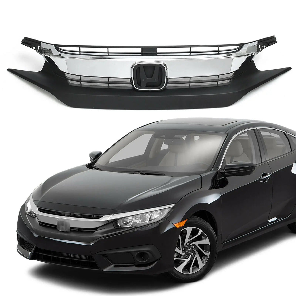 Chrome Front Bumper Upper Grille Grill for 16-18 Honda Civic 10TH GEN