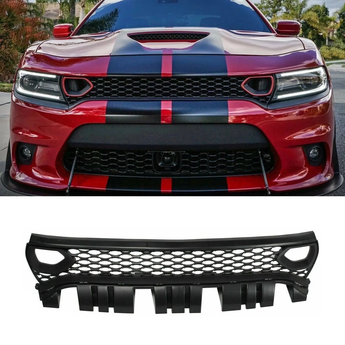 Bumper Upper Honeycomb Grille w/Bezels Dual Inlets for 15-21 Dodge Charger